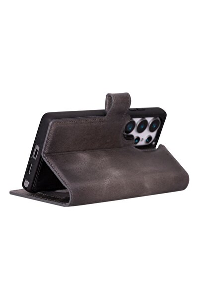 Bouletta Samsung Galaxy S25 Ultra uyumlu, Hakiki Deri, El Yapımı, Cüzdanlı Kılıf, Gölgeli Gri