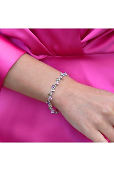 Necati Gün Renkli Zirkon Taşlı Sarmal Kalp Gümüş Bileklik