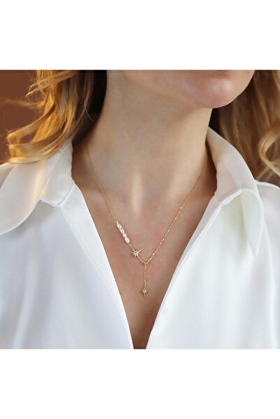 Necati Gün İnci Detaylı Sallantılı Kutup Yıldızı Gold Kaplama Gümüş Kolye