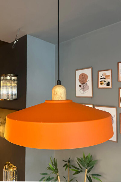 Bamyum Açe Turuncu Tekli Kalın Ahşap Başlık Avize Retro Sarkıt Ofis Showroom Salon Mutfak Avizeleri