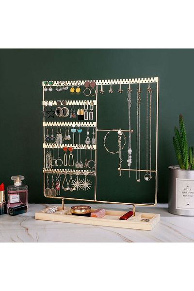 Choice Gold Multifunctional Earring Display Rack Necklace Ring Storage Rack Detachable Wooden Bottom Women