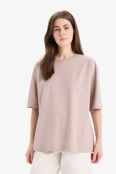 DeFacto Oversize Wide Fit Crew Neck Basic απλό χτενισμένο βαμβακερό κοντομάνικο μπλουζάκι C0099AX25SP