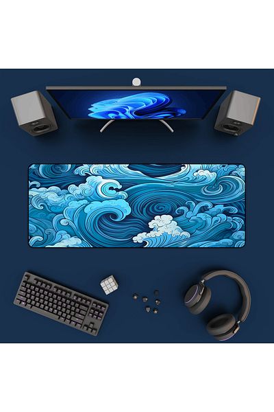 Laumango 800 x 300 mm Aesthetic Desk Mat Art Japanese Great Waves XXL Gaming Mouse Pad Blue Mousepad 900x400