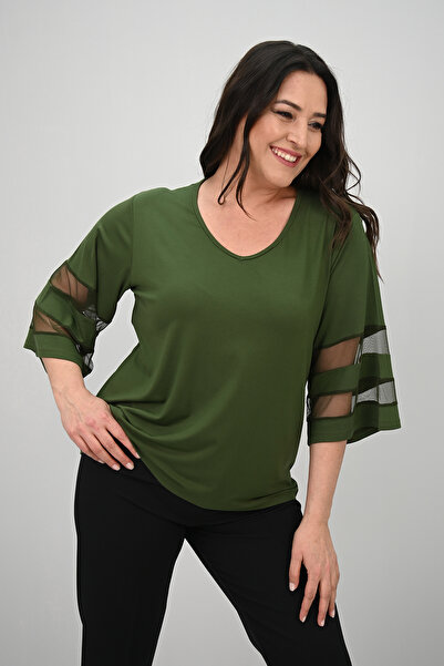 Koza Butik Γυναικεία μπλούζα με νυχτερίδα με λεπτομέρεια από τούλι 1901-25