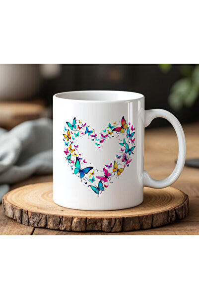 BB TRADE White Ceramic Printed Mug Cup with Colorful Butterfly and Heart Desi...