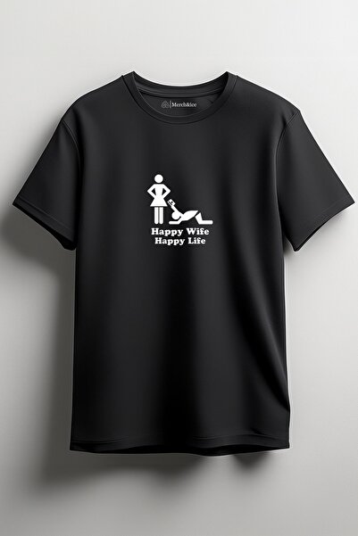 Merch&ice Happy Wife Happy Life Baskılı Unisex T-Shirt
