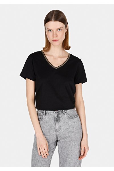 Colin's Tricou negru cu mânecă scurtă pentru femei, cu decolteu în V, cu croi...