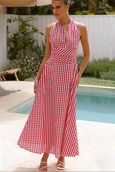 Madmext Red Plaid Midi Length Women's Dress Mg2350