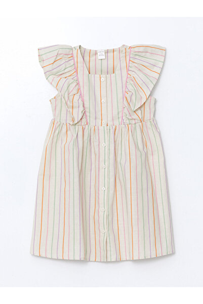 LC Waikiki Φόρεμα από λινό για κορίτσια με ριγέ βολάν εκρού