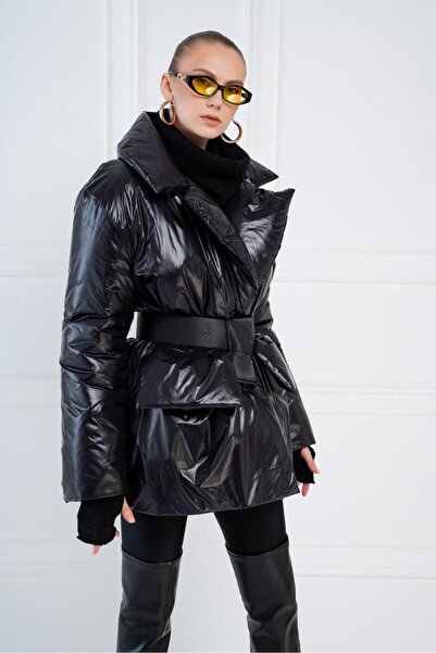 OLLEVRA Şişme Kemerli Mont Siyah Kadın