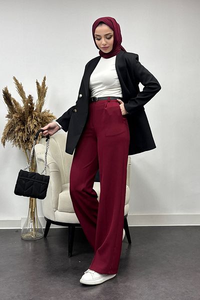 Tesettür Diyarı Wide Leg Palazzo Trousers with Belt Detail