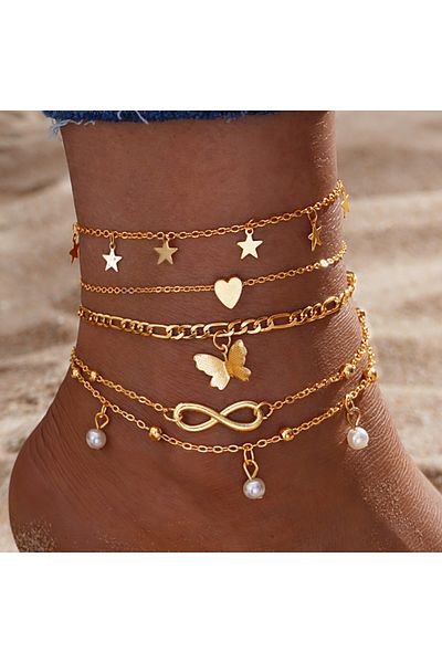 Choice AY6035701 5Pcs Retro Multilayer Tassel Anklet Set for Women Bohemia Vintage Pearl Butterfly Star Hea