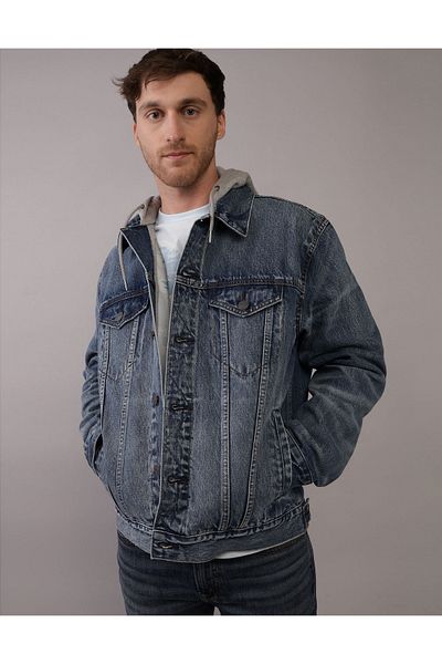 AMERICAN EAGLE سترة AE من قماش الدنيم بغطاء رأس