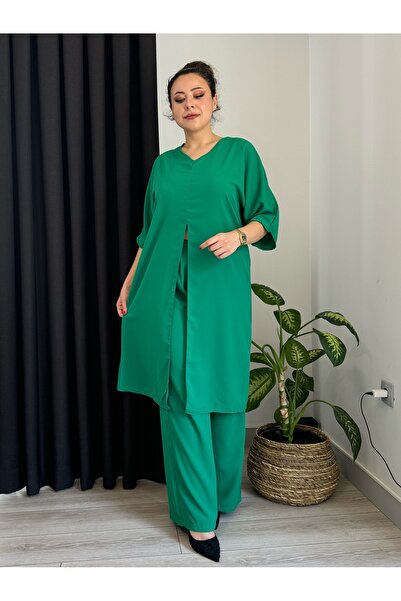 LİKRA Women's Large Size Slip Detail Batt Sleeve Woven Jessica Suit