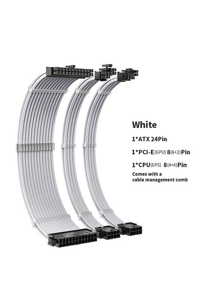 Choice طقم كابل تمديد PSU أبيض MZ-3-WH (300 مم) من TEUCER MZ-3 مجموعة 3 في 1 من PSU مقاس 300 مم إلى ATX 24Pin PCI-