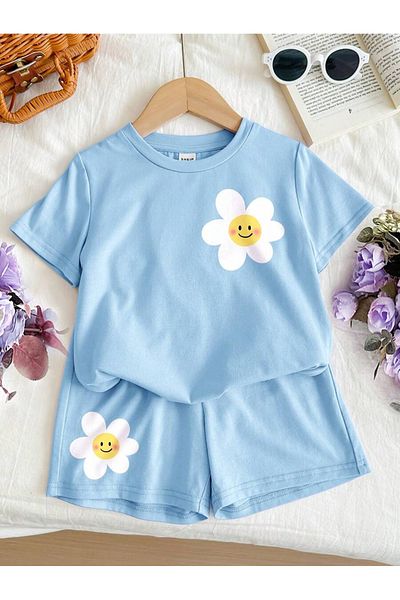 Keywest Set pentru copii, tricou cu imprimeu floral pentru fete, pantaloni scurți, jos, sus