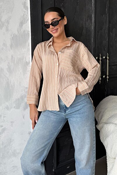 Madmext Bej Çizgili Cepli  Kadın Gömlek Mg2345