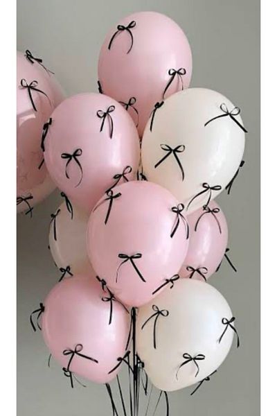 Çemrek Süs Parti Pink and White Balloon Bunch with Black Bow 10 Pcs