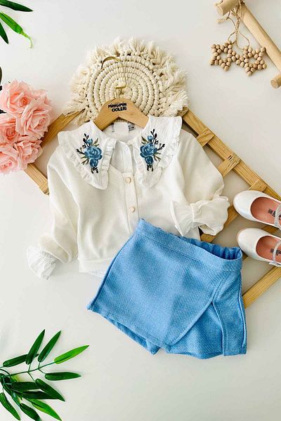 Minigimin Cicileri Blue My Little One's Pips Guler Tricoturi brodate argintii Cardigan Pantaloni scurți Fusta Set 3 piese