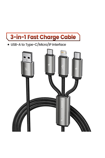 Toocki كابل USB أسود من توكي بطول 1.5 متر، 3 في 1، متعدد المنافذ، متوافق مع أ...