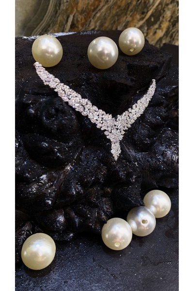 TRİA SİLVER 925 Ayar Gümüş Zirkon Taşlı Özel Tasarım İnci Ucu - Kolye