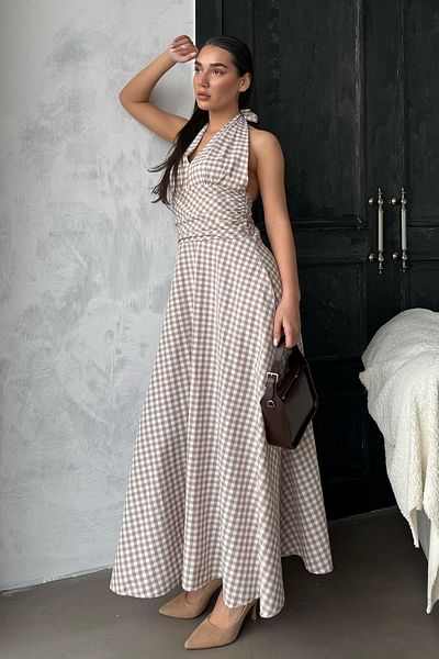 Madmext Μπεζ καρό Midi Γυναικείο Φόρεμα Mg2350