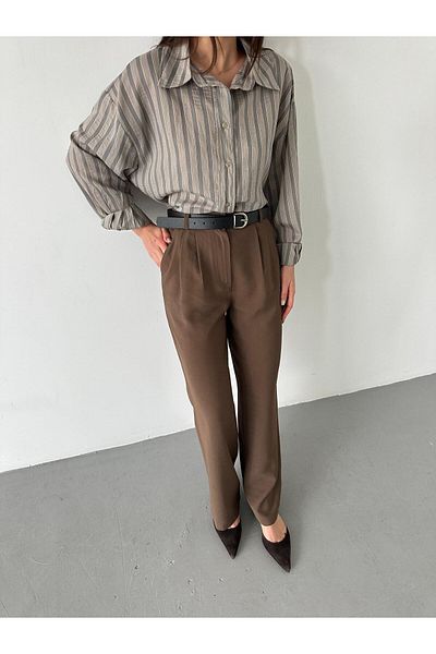 My Blog Brown Double Pleated Belted Trousers - 3780
