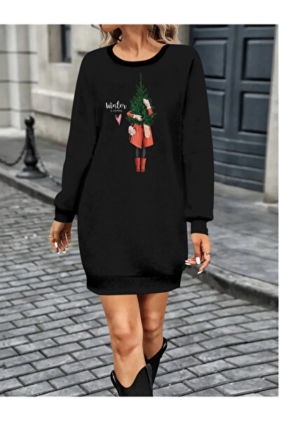 HAZEGO Γυναικείο μακρυμάνικο φόρεμα με λαιμόκοψη κοντό βισκόζη με δύο κλωστές