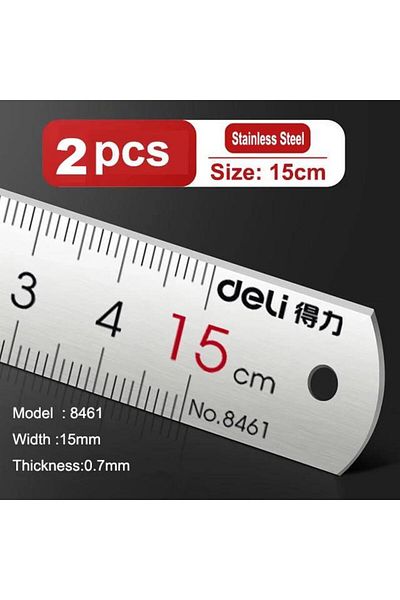 Deli 2pcs-15cm Deli Stainless Steel Ruler 15/20/30cm Metal Straight Ruler for Home School Precision Measu