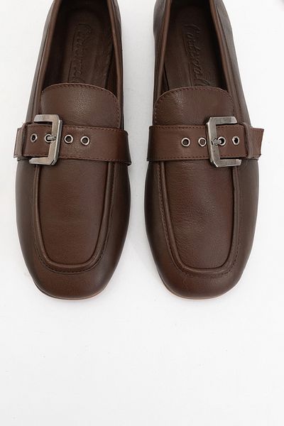 LuviShoes Clarion Brown Skin Genuine Leather Belted Blunt Toe Women's Loafer Shoes
