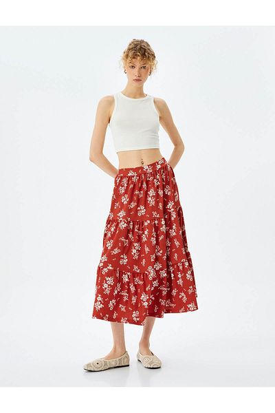 Koton Πολυεπίπεδη Floral Flounce Midi Φούστα με ψηλή μέση