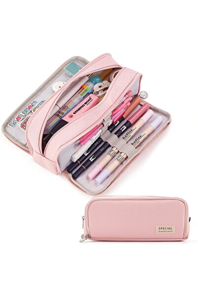 Choice حافظة أقلام كاواي وردية اللون، مساحة تخزين كبيرة، 3 أقسام، حقيبة مفتوح...