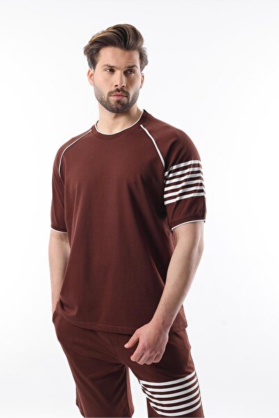Madmext Acı Kahve Baskılı Reglan Kol Erkek Şort T-shirt Takımı E7306