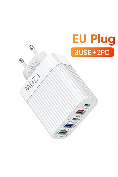 Maerknon White EU USB Fast Charger 5 Ports PD Type C Quick Charge Phone Charger Adapter For iPhone 15 Pro Sam