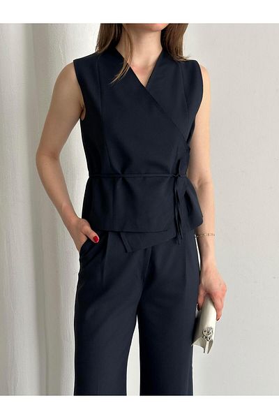 Laluvia Marineblaues Weste-Hosen-Set mit zweireihigem Kragen – 8496