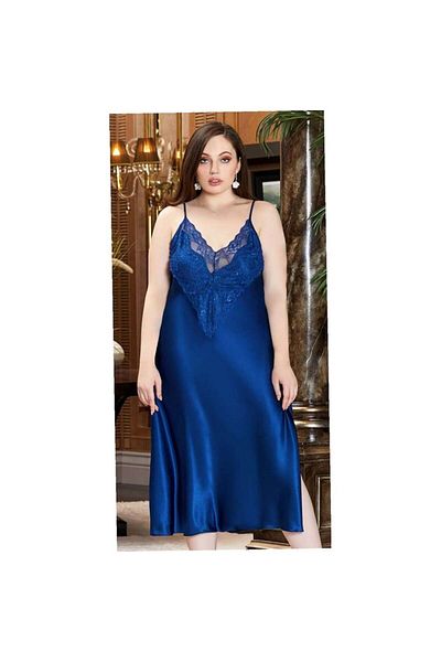Jeremi 3250 Silk Satin Oversize Double Long Nightgown Dressing Gown Set - Navy Blue
