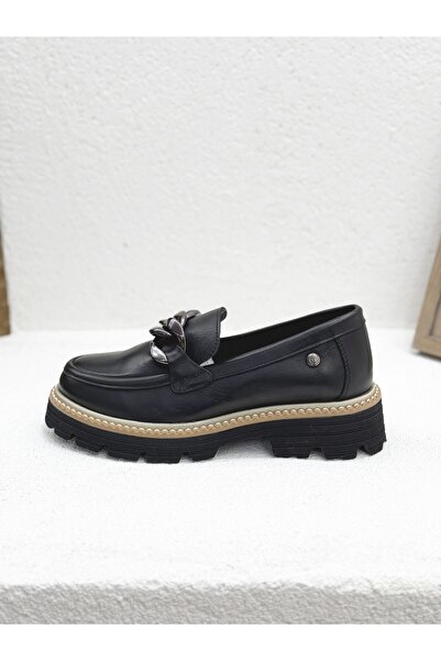 Mammamia D25YA-3690 ÖNÜ ZİNCİR TOKALI HAKİKİ DERİ 4CM KALIN TABAN LOAFER KADIN