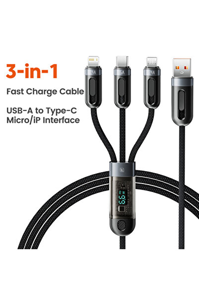 Toocki كابل USB 3 في 1 LED رمادي 1.2 متر 6 أمبير إلى كابل iP Type C Micro 66 ...