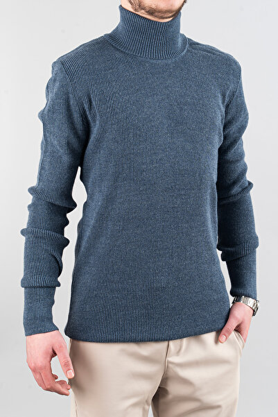 bombe Pulover pentru bărbați, slim fit, din bumbac, cu gât înalt, indigo