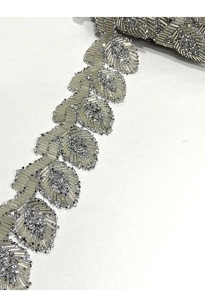 karantuhafiye Iron-On Leaf Model Strip / Beaded Strip / 1 Meter Silver / H1