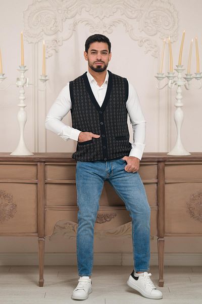 Woolen World Мъжки трикотажен елек без ръкави с шарка и преден джоб
