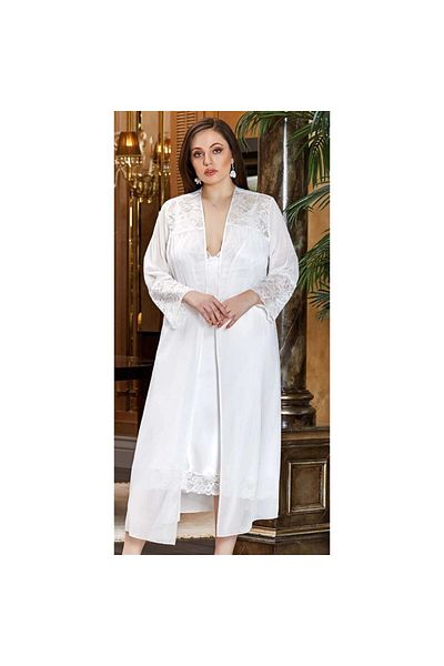 Jeremi 3247 Silk Satin King Size Double Long Nightgown Dressing Gown Set - Cream