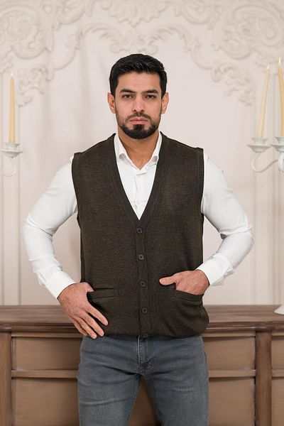 Woolen World Мъжки трикотажен елек без ръкави с нормална кройка и преден джоб