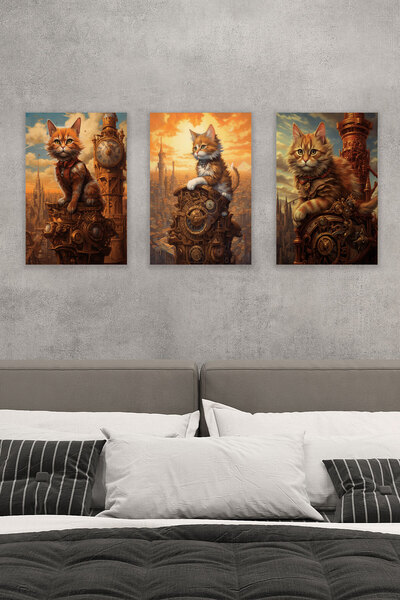 qoeuyl boutique Steampunk Retro Cute Cats Trio No:1 18x27 MDF Ξύλινη αφίσα ζω...