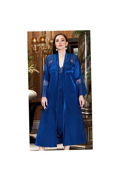 Jeremi 3250 Silk Satin Oversize Double Long Nightgown Dressing Gown Set - Navy Blue