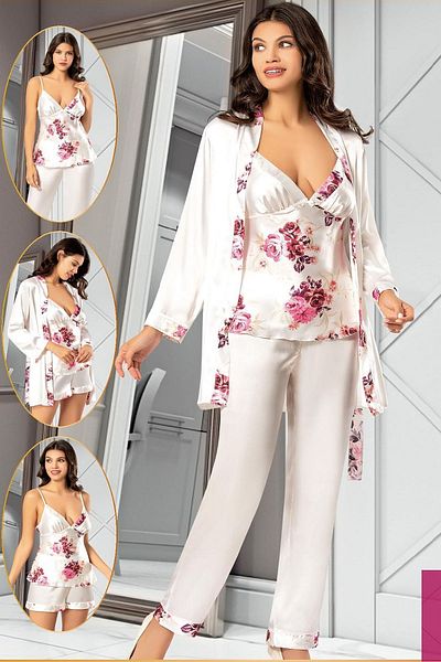 Xses 2155 Set de pijamale din 4 piese cu imprimeu din satin pentru femei cu halat - trandafir uscat