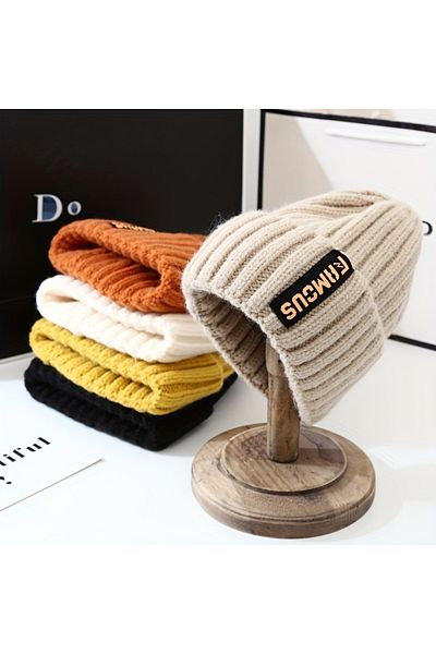 Choice Beige Chic Women's Knit Beanie - Breathable, Stretchy Acrylic Fiber, Ear-Warming Winter Hat with Lon