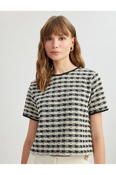 Koton Checked Short Sleeve Round Neck Tweed T-Shirt