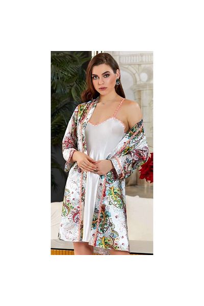 Jeremi 3139 Dowry Silk Satin Double Short Nightgown Set with Dressing Gown - Cream