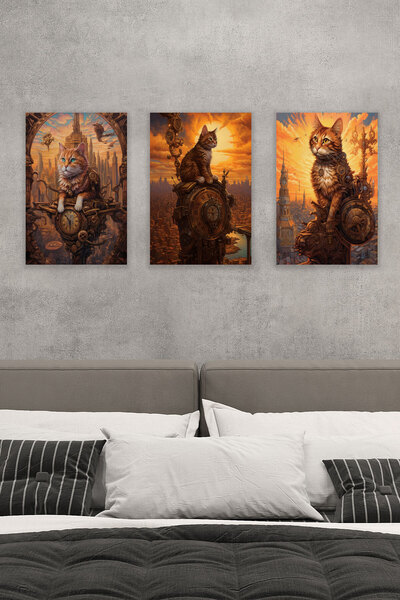 qoeuyl boutique Steampunk Retro Cute Cats Trio No:6 18x27 MDF Ξύλινη αφίσα ζω...